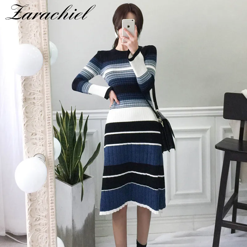 Women Autumn Winter Pullover Knitted Dress 2019 Fashion Long Flare Sleeve Casual Vintage Striped O-Neck Mid-Calf Sweater Dress
Women Autumn Winter Pullover Knitted Dress 2019 Fashion Long Flare Sleeve Casual Vintage Striped O-Neck Mid-Calf Sweater Dress