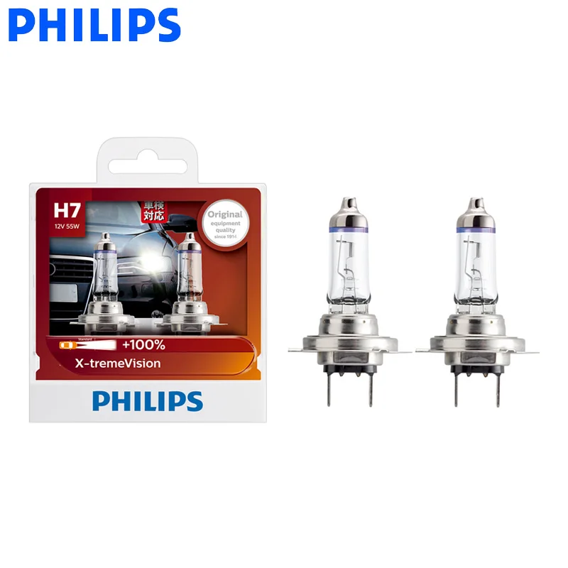 

Philips H7 12V 55W PX26d X-treme Vision Car Headlight Bulbs Bright Halogen Lamps ECE Approve 100% More Vision 12972XV S2, Pair