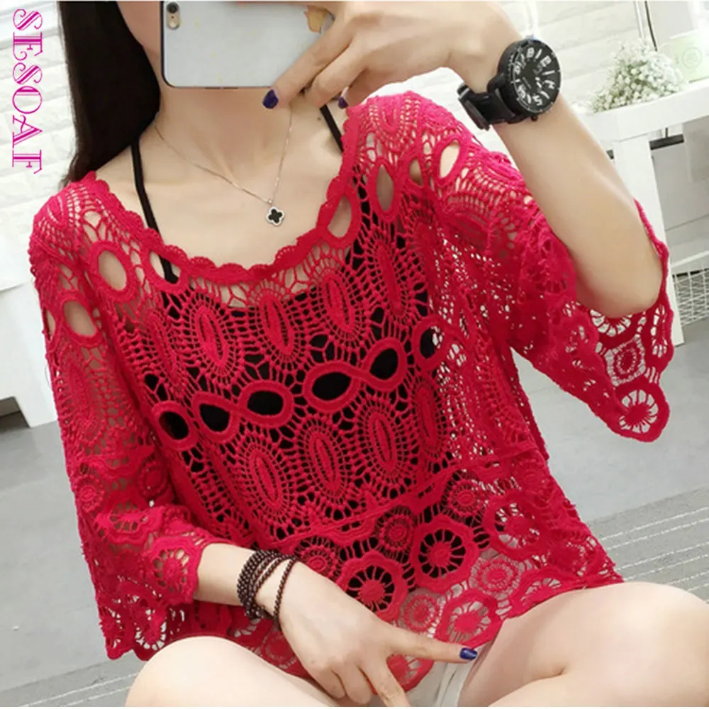 SESOAF Women Summer Lace Hollow Out Blouse Korean Style Casual Street-wear Elegant Blouses Red Sexy 2018 Butterfly Sleeve Tops
SESOAF Women Summer Lace Hollow Out Blouse Korean Style Casual Street-wear Elegant Blouses Red Sexy 2018 Butterfly Sleeve Tops