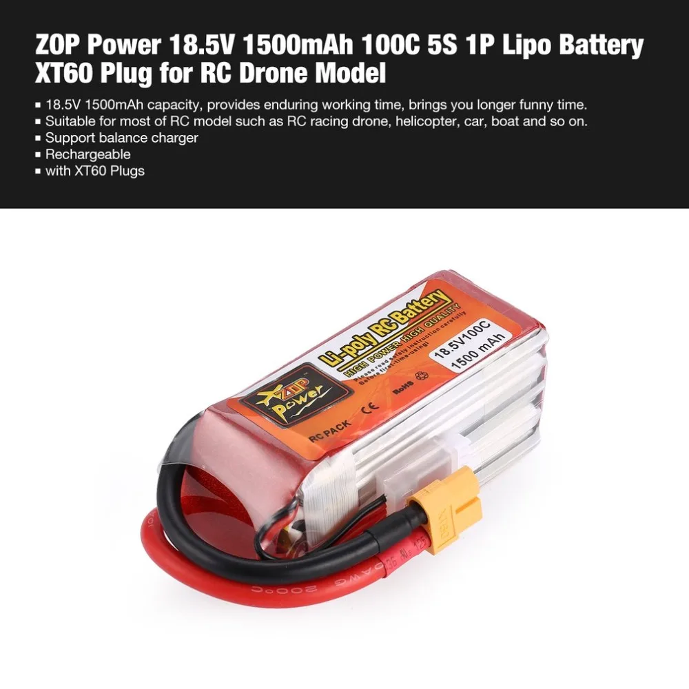 ZOP Power 18.5V 1500mAh 100C 5S 1P Lipo Battery XT60 Plug Rechargeable for RC Racing Drone Helicopter Car Boat Model
ZOP Power 18.5V 1500mAh 100C 5S 1P Lipo Battery XT60 Plug Rechargeable for RC Racing Drone Helicopter Car Boat Model
