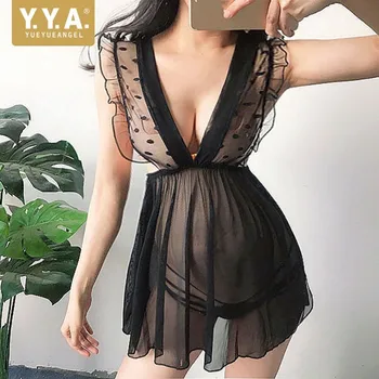 Deep V-Neck Transparent Mesh Suspender Backless Female Porno Dresses High Waist Ruffles Polka Dot Sleepwear Women Exotic Dresses
Deep V-Neck Transparent Mesh Suspender Backless Female Porno Dresses High Waist Ruffles Polka Dot Sleepwear Women Exotic Dresses