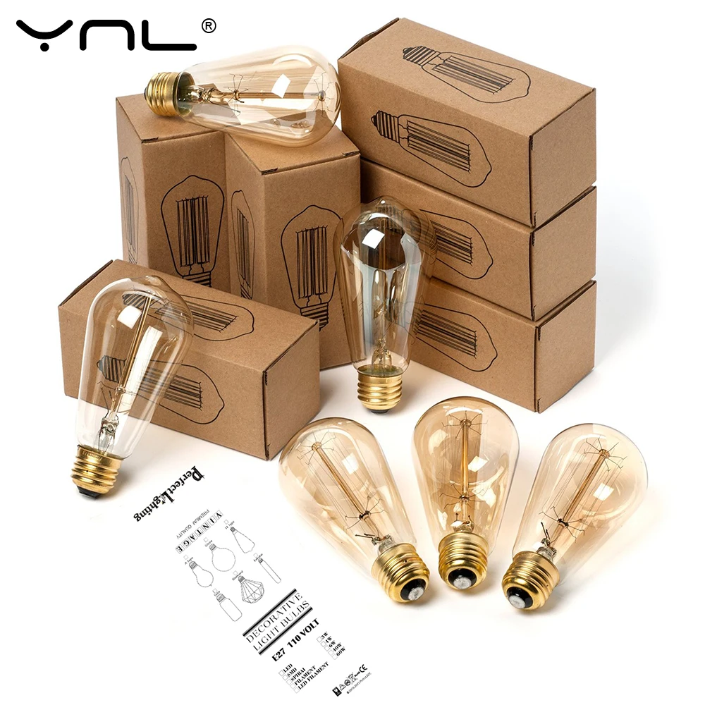 Светильник ПА накаливания Retro Edison E27 220 В 40 Вт A19 A60 ST64 T10 T45 T185 G80 G95 винтажная лампа