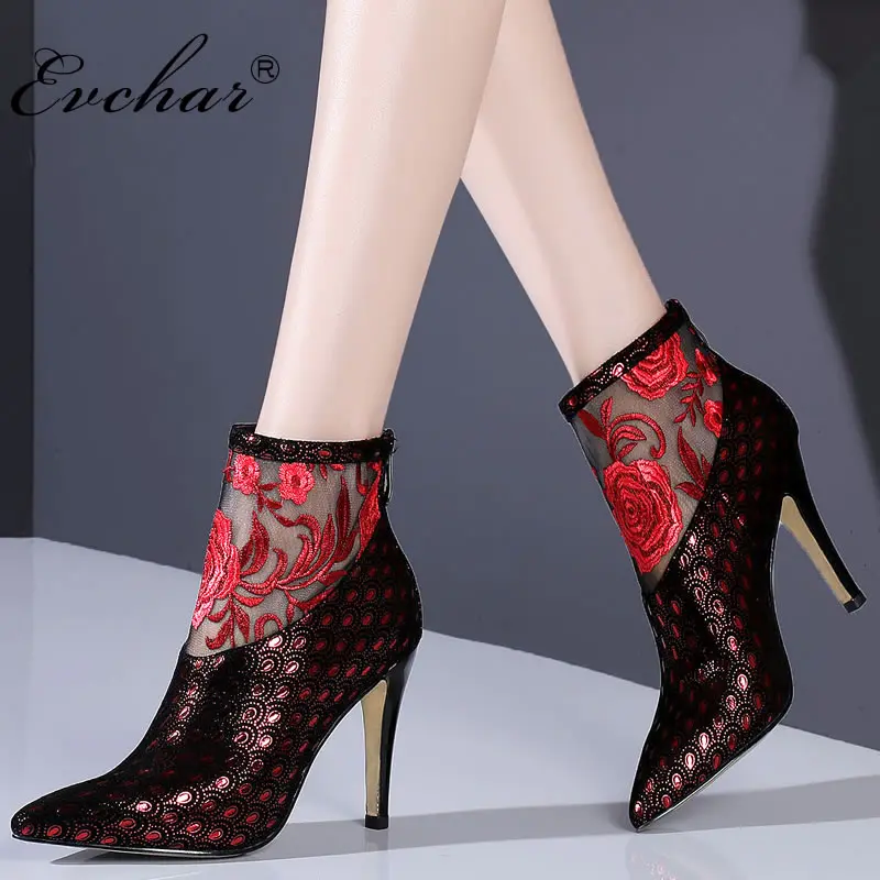 EVCHAR Chinese style Women Ankle back zipper shoes Lace Mesh embroider mixed colors thin super High Heel Sexy party Boots 33-40
EVCHAR Chinese style Women Ankle back zipper shoes Lace Mesh embroider mixed colors thin super High Heel Sexy party Boots 33-40
