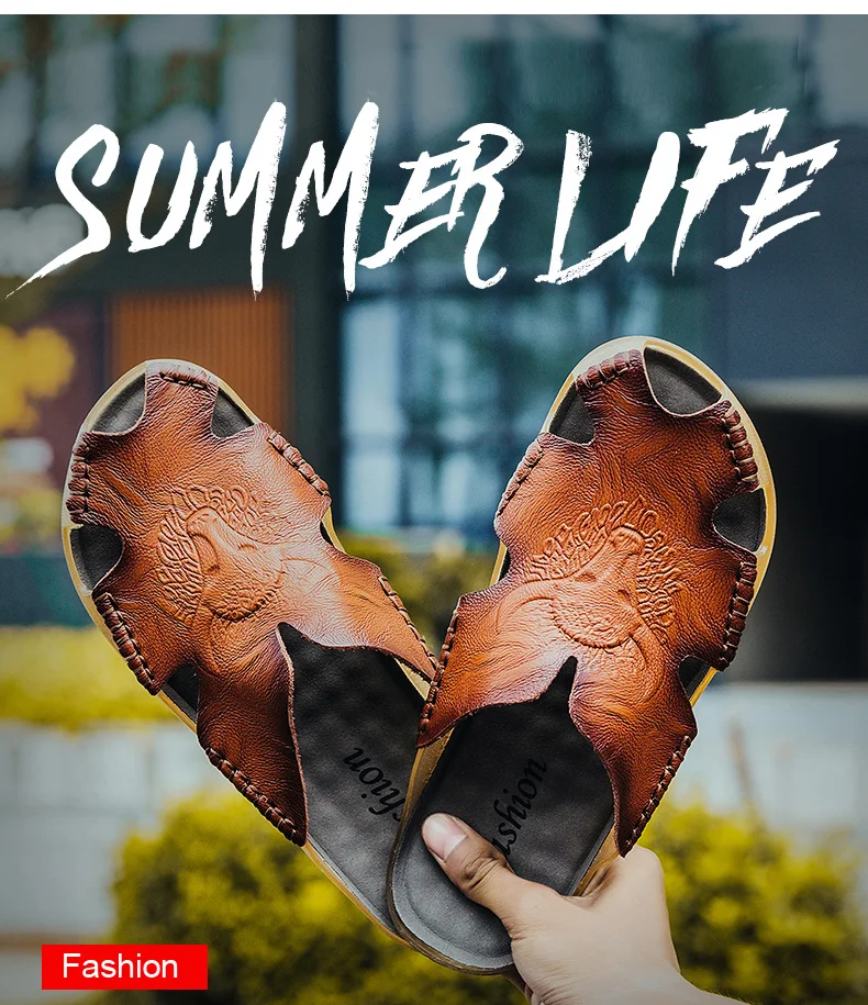 Summer Breathable Men's Sandals Soft Leather Casual Shoes Comfortable Flats Man slippers Roman Style Beach Sandals 3