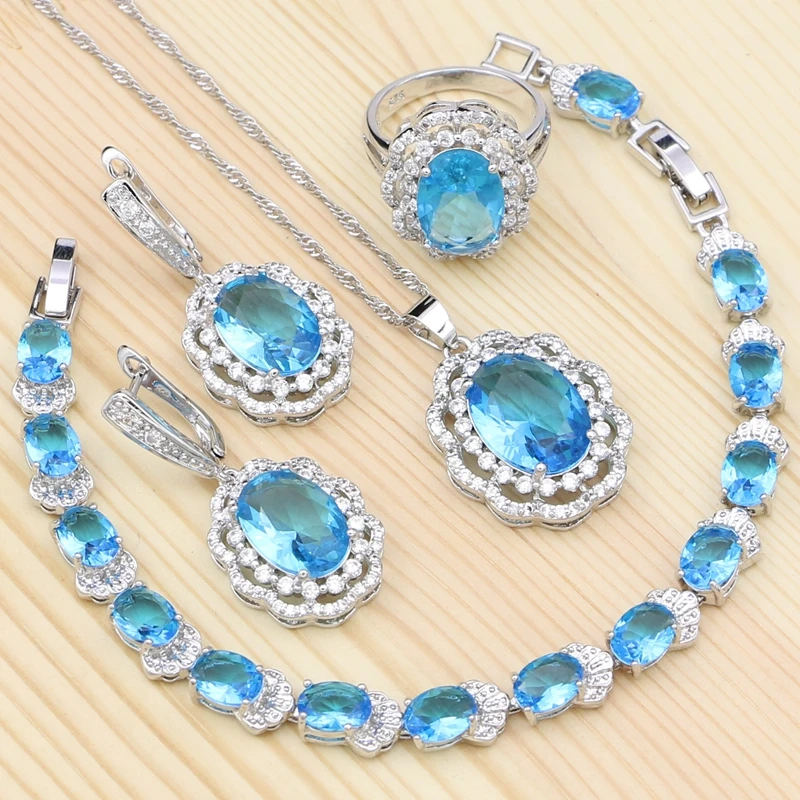 925 Silver Jewelry Set Sky Blue Zircon White Crystal For Women Wedding Round Stone Necklace/Earrings/Bracelet/Pendant/Ring
925 Silver Jewelry Set Sky Blue Zircon White Crystal For Women Wedding Round Stone Necklace/Earrings/Bracelet/Pendant/Ring