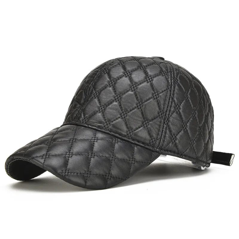 Fashion Mens Leather Baseball Hats Adult Black Caps Wholesale Cap Sheepskin Really Men's Hat New Year Gift B-7165 | Аксессуары для