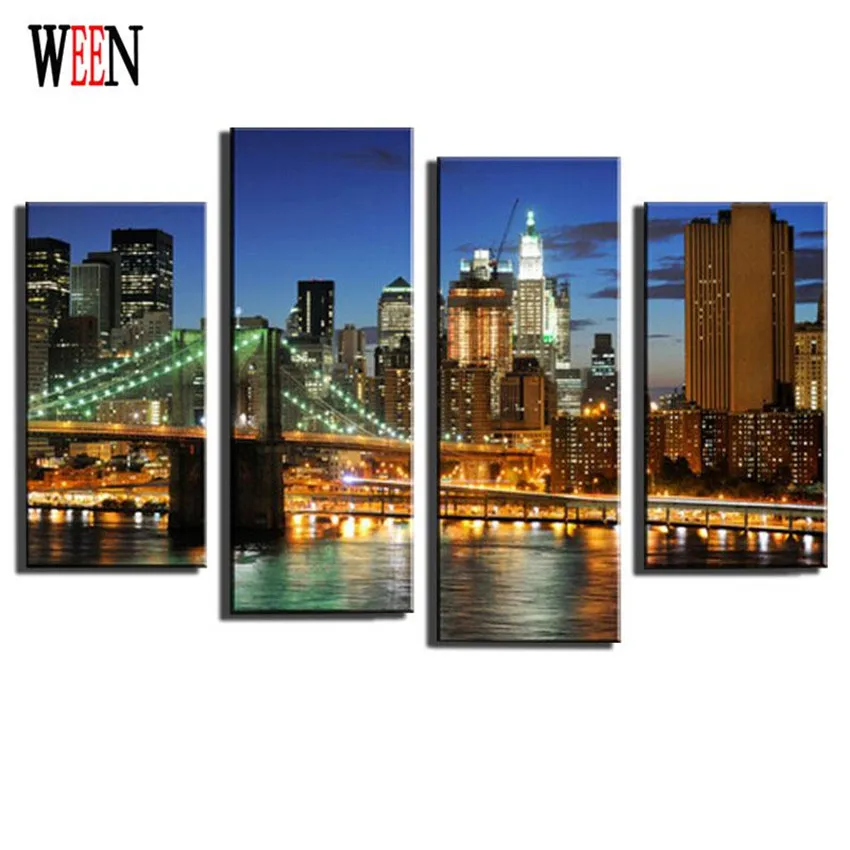 WEEN Sunset City Canvas Art 4Pcs Modern HD Scenery Wall Pictures Painting For Home Decorative Modular Posters Printed On | Дом и сад
