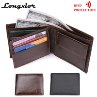LONGXIOR Genuine Leather Men Wallet RFID Blocking Wallet Men Fashion Cow Leather Purse Identity Protection Men's Wallets MRF7 image