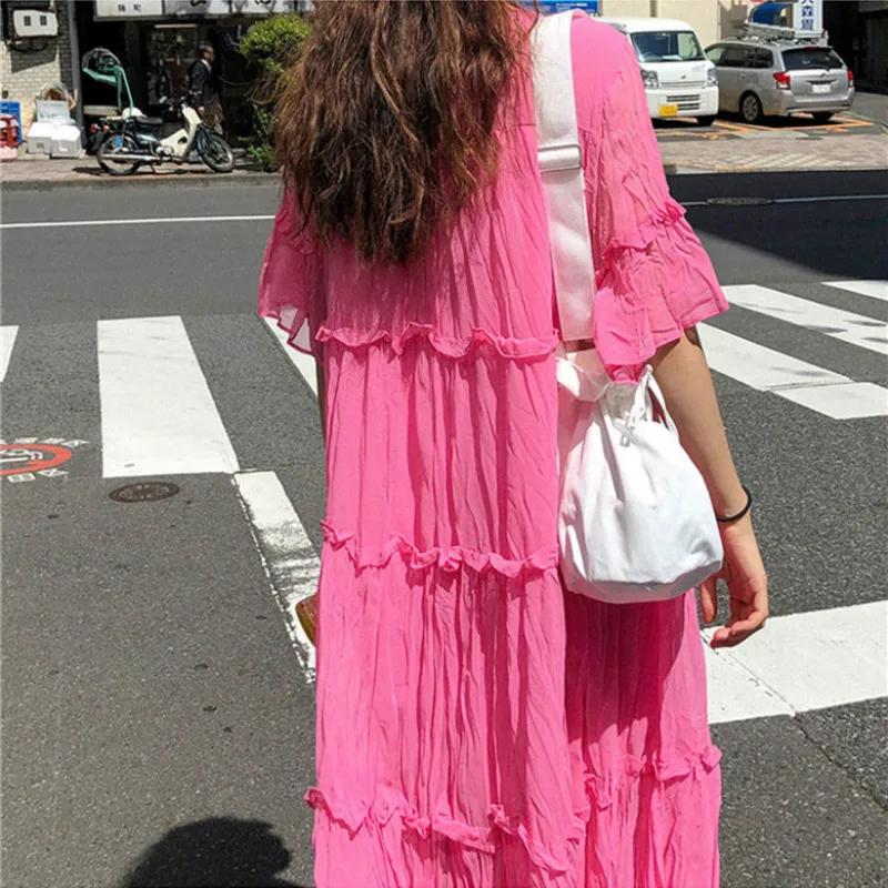 Women Summer Long Chiffon Ruffle Oversized Dress Ladies Pink Straight Vestidos Loose Plus Size Casual Robe Femme Sukienki Jurken
Women Summer Long Chiffon Ruffle Oversized Dress Ladies Pink Straight Vestidos Loose Plus Size Casual Robe Femme Sukienki Jurken