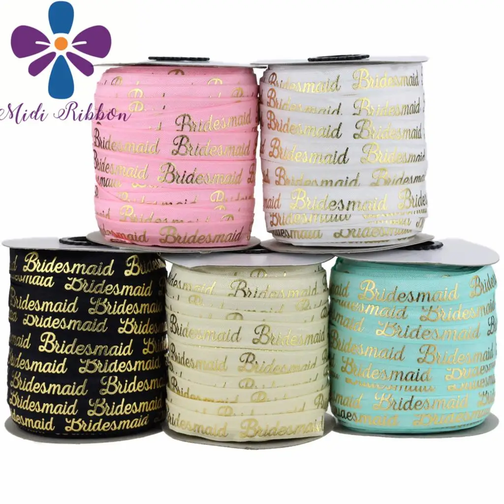 5/8"16mm "Bridesmaid" Patterns Gold Foil Printed Fold Over Elastic Ribbon 50yards/roll Hair Band Making DIY Gift Packing Stuffs
5/8"16mm "Bridesmaid" Patterns Gold Foil Printed Fold Over Elastic Ribbon 50yards/roll Hair Band Making DIY Gift Packing Stuffs