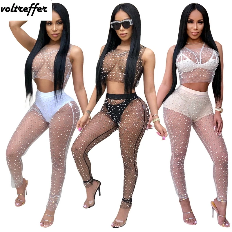 2018 Summer Style Sexy Club Wear Mesh Perspective Two Piece Set Pearl Beaded Tank Pants Suits Crochet Sheer Nightwear Bodysuit
2018 Summer Style Sexy Club Wear Mesh Perspective Two Piece Set Pearl Beaded Tank Pants Suits Crochet Sheer Nightwear Bodysuit