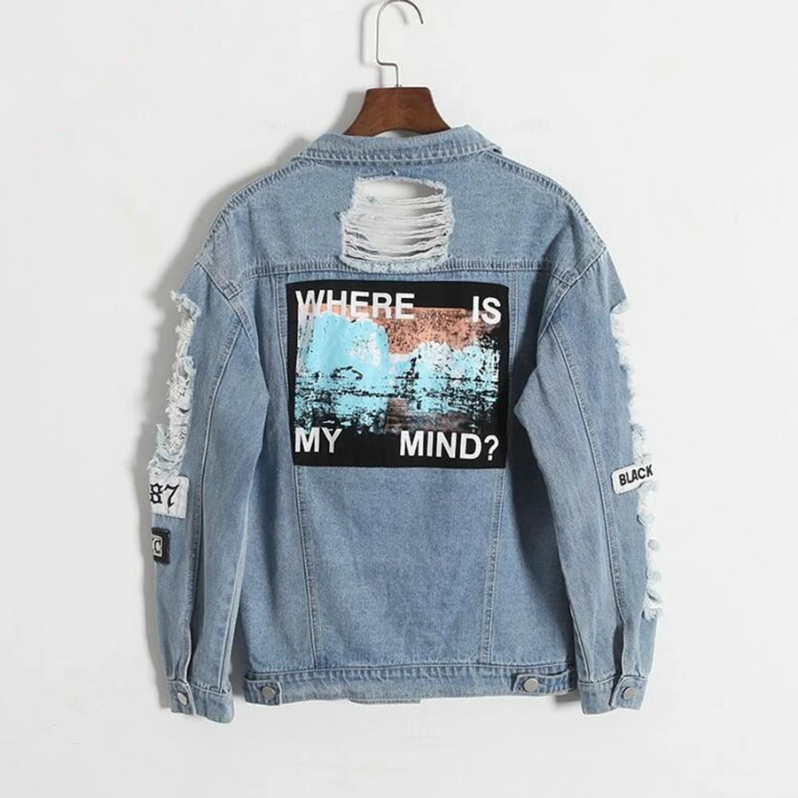 2019 Spring Where is my mind Jackets women Long retro frayed embroidery letter patch Blue Ripped Distressed Denim Coat Female
2019 Spring Where is my mind Jackets women Long retro frayed embroidery letter patch Blue Ripped Distressed Denim Coat Female