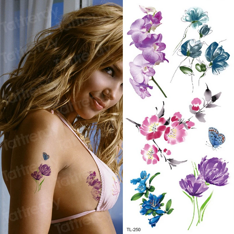 Временные татуировки водостойкие фиолетовые уникальные цветочные модные