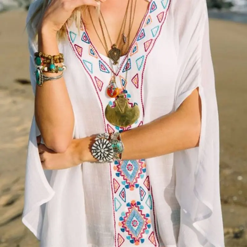 Womens Chiffon Half Batwing Sleeves Pullover Tops Ethnic Triangle Embroidered Deep V-Neck Swimsuit Cover Up Semi Sheer Blouse
Womens Chiffon Half Batwing Sleeves Pullover Tops Ethnic Triangle Embroidered Deep V-Neck Swimsuit Cover Up Semi Sheer Blouse