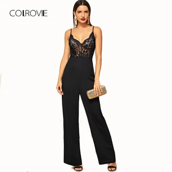 

COLROVIE Black Solid High Waist Sheer Bodice Wide Leg Sexy Cami Lace Jumpsuit Women Clothes 2018 Overalls Sexy Jumpsuits Rompers