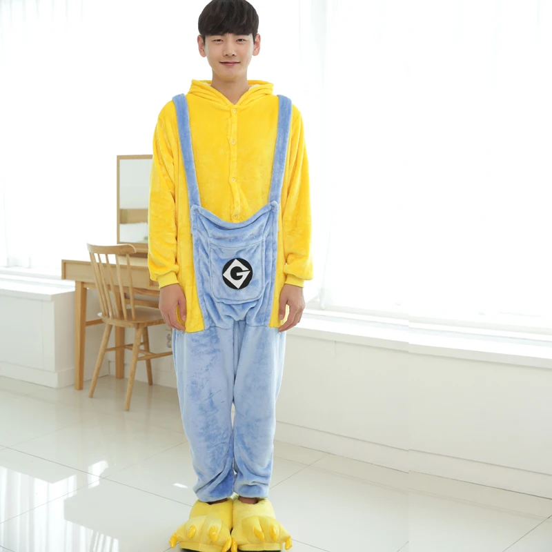 Kawaii Flannel Pijama kigurumi For men Minion Panda Tiger Giraffe Onesie Adult Sleepwear Couple Pyjamas Halloween Party Jumpsuit (14)