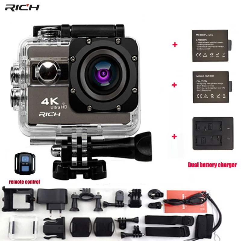 

Action Camera 4K 24fps wifi Waterproof 30M 170 Angles Adjustable 1050mah battery F68R Remote Control Extreme Sports Camera