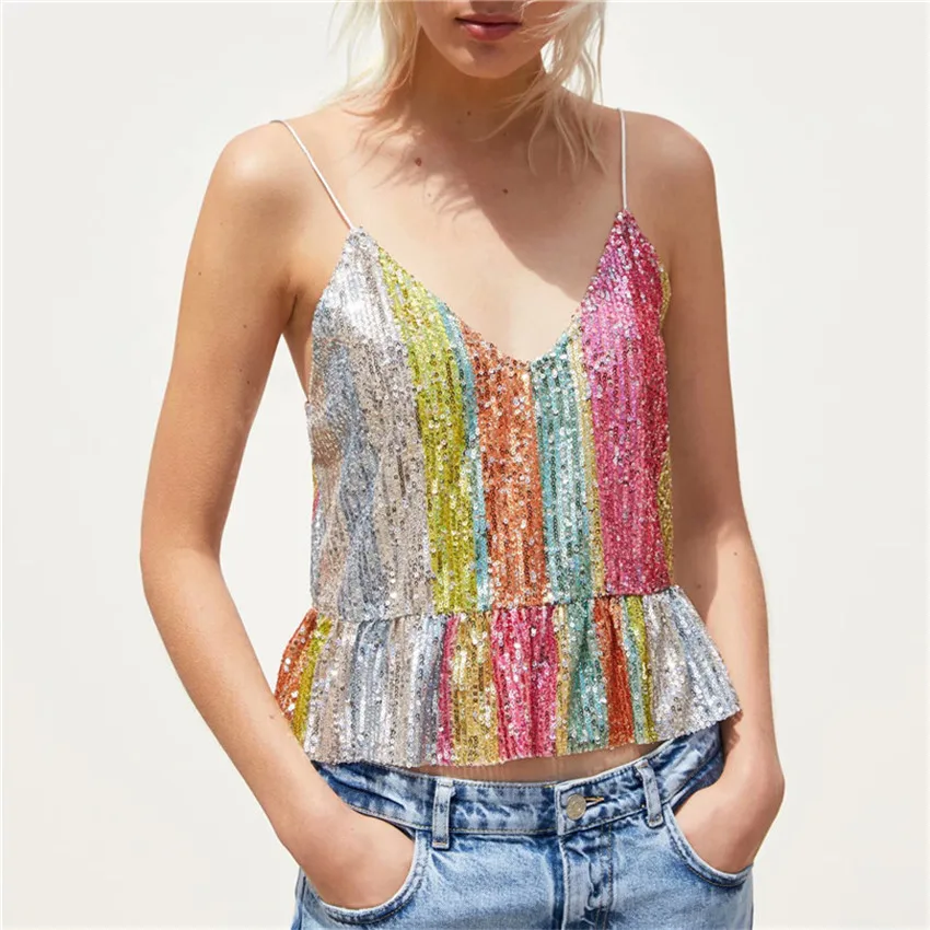 Women sexy V neck sequined striped camis tops spaghetti straps sleeveless backless shirts solid female casual chic tops
Women sexy V neck sequined striped camis tops spaghetti straps sleeveless backless shirts solid female casual chic tops