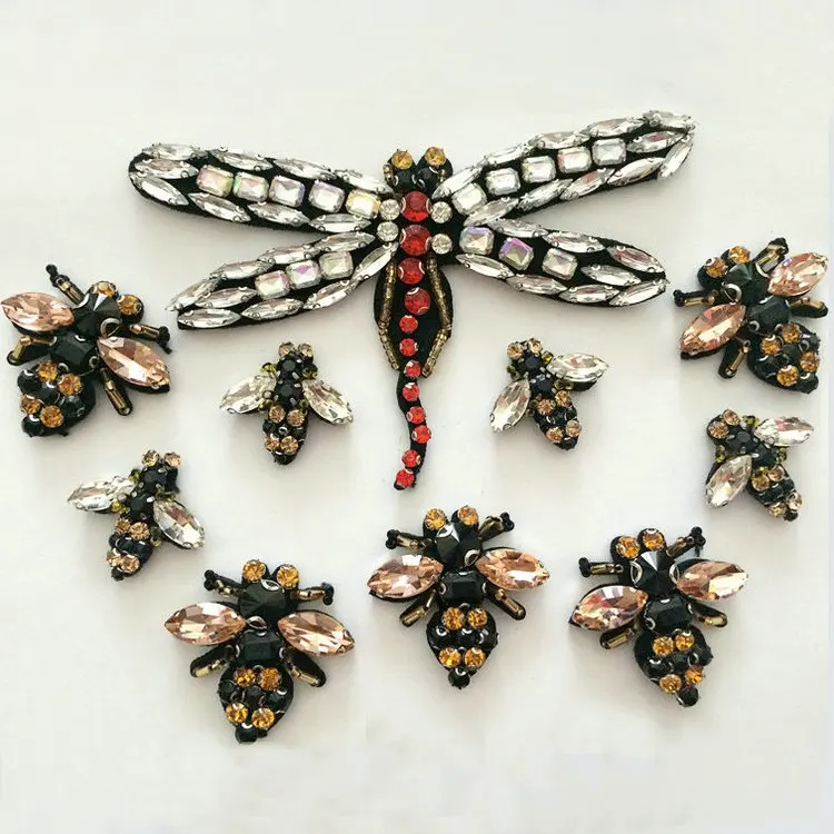 

Bee n dragonfly Rhinestones beaded brooch patches applique embroidered sew on patch fashion clothing decoration accessories