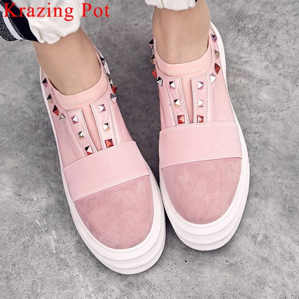 Krazing Pot kid suede thick bottom platform round toe loafers slip on colorful rivets decoration slip on vulcanized shoes L71 
Krazing Pot kid suede thick bottom platform round toe loafers slip on colorful rivets decoration slip on vulcanized shoes L71