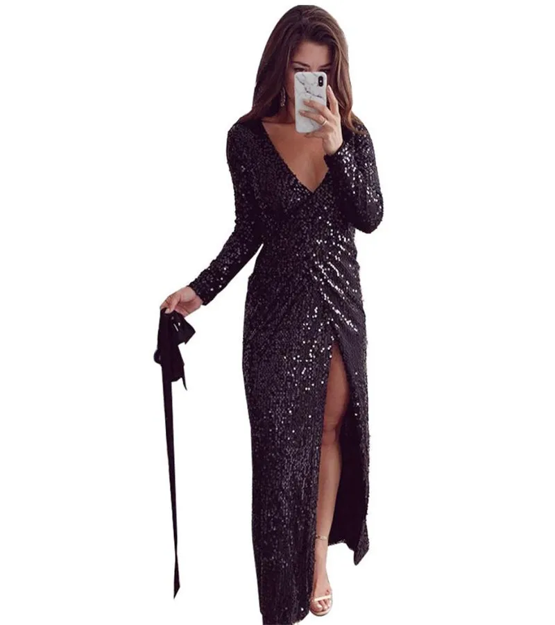 Gold and Silver Bar Fashionable Sexy Open Cross Dresses Black Long Sleeve Deep V-Neck Long Dresses for European and American XXL
Gold and Silver Bar Fashionable Sexy Open Cross Dresses Black Long Sleeve Deep V-Neck Long Dresses for European and American XXL