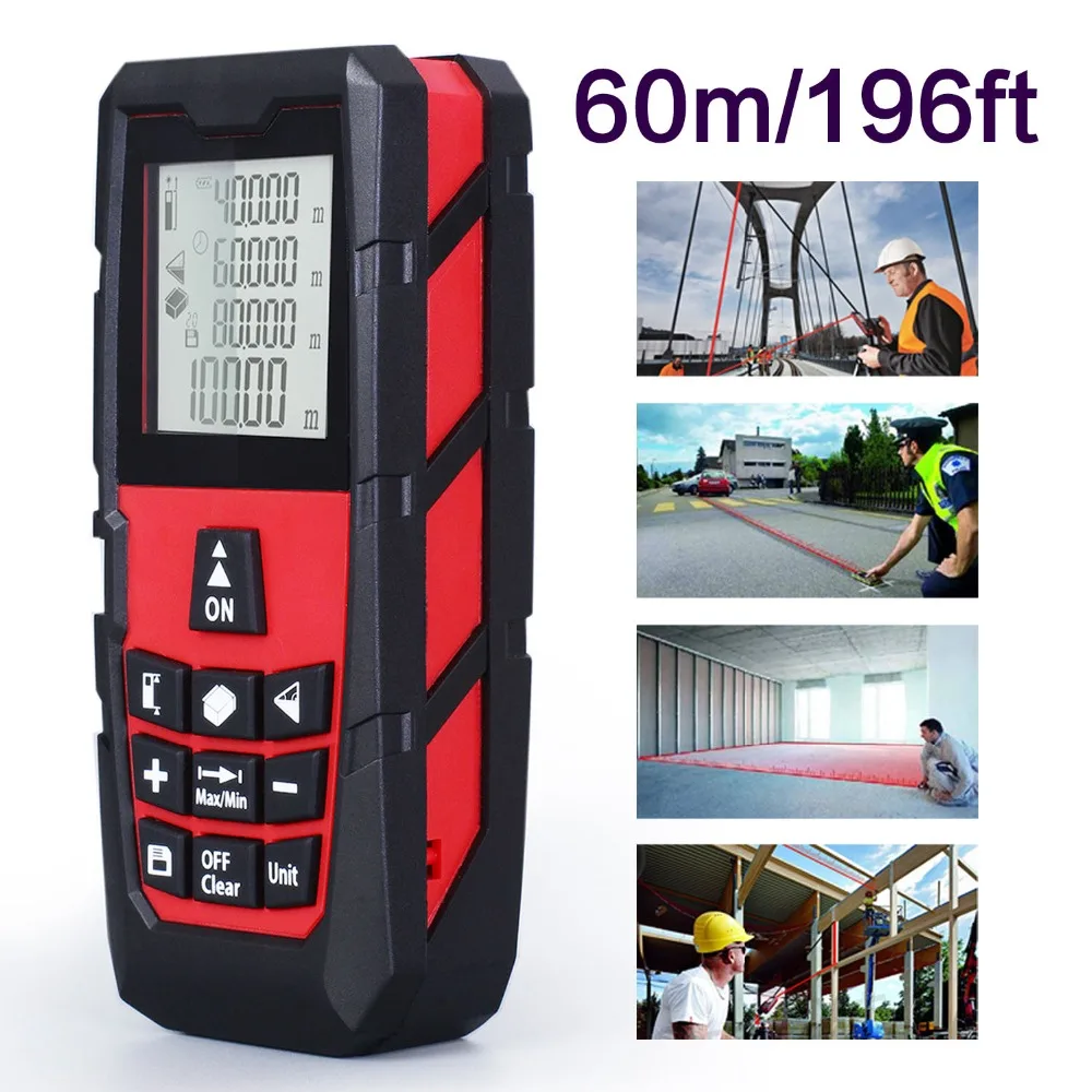 Free Shipping Red 60M/196ft High Precision Handheld Rangefinder Laser distance meter Area/volume/Angle/ m/in/ft Tester tool
Free Shipping Red 60M/196ft High Precision Handheld Rangefinder Laser distance meter Area/volume/Angle/ m/in/ft Tester tool