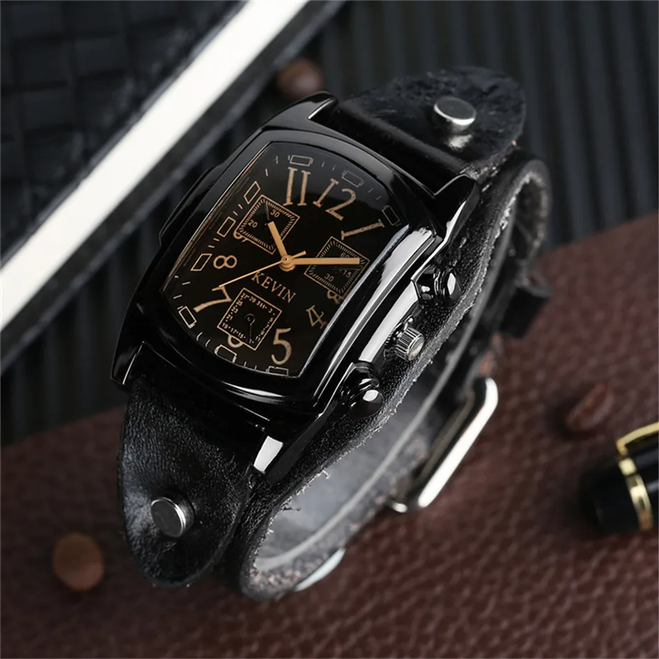 KEVIN Male Arabic Number Wrist Watch Sport Fashion Men Casual Cool Simple PU Leather Band Strap Gift Quartz Punk Rectangle Dial (17)