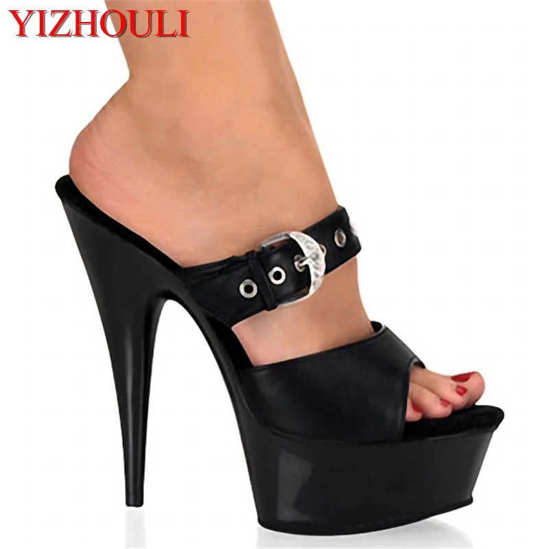 

Summer high-heeled black buckle trim, 15cm pole dancing sandals 6in dancer shoes