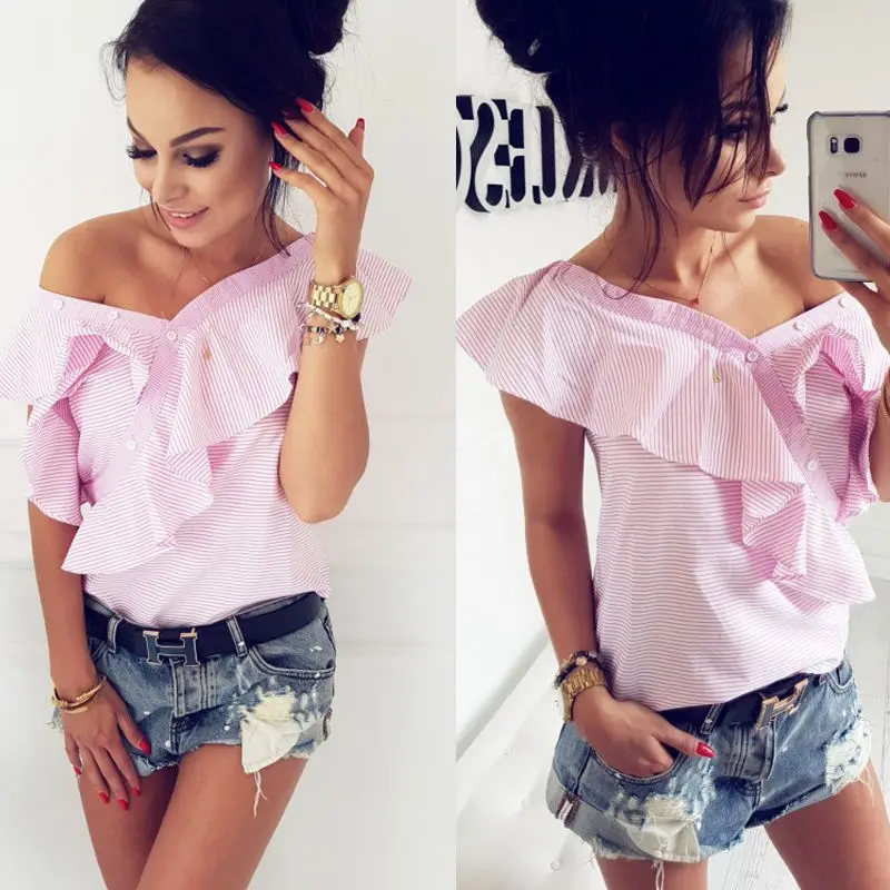 2018 Fashion Sweet Summer Tops Short Petal Sleeve Off Shoulder V-Neck Ruffles Striped Pink Slim Shirt Tops
2018 Fashion Sweet Summer Tops Short Petal Sleeve Off Shoulder V-Neck Ruffles Striped Pink Slim Shirt Tops