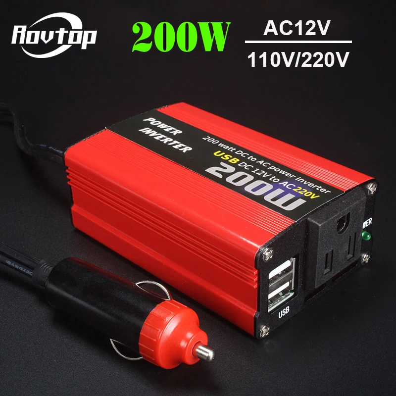 Rovtop 200 Вт автомобильный инвертор постоянного тока 12 В до 110 220 AC преобразователь с