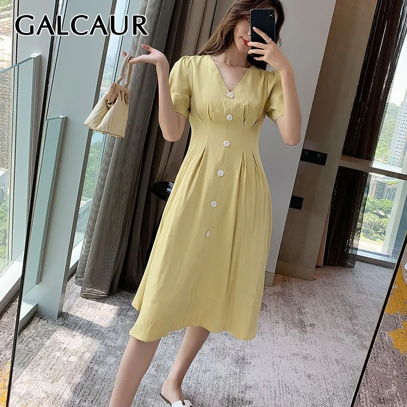 GALCAUR Casual Solid Dress For Female V Neck Short Sleeve High Waist Ruched Slim Knee Length Dresses Female Fashion 2019 Summer
GALCAUR Casual Solid Dress For Female V Neck Short Sleeve High Waist Ruched Slim Knee Length Dresses Female Fashion 2019 Summer