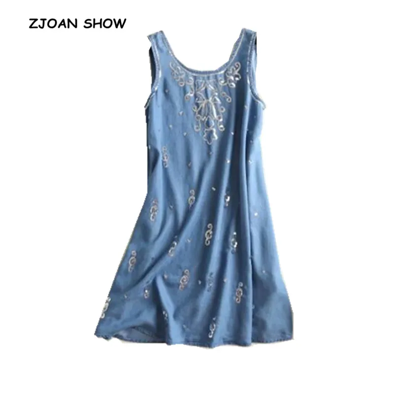 Casual Spliced Sequins Flower Sleeveless Denim Dress Women Ethnic O neck Loose Jeans Tanks Dresses Vestidos Robe Femme
Casual Spliced Sequins Flower Sleeveless Denim Dress Women Ethnic O neck Loose Jeans Tanks Dresses Vestidos Robe Femme