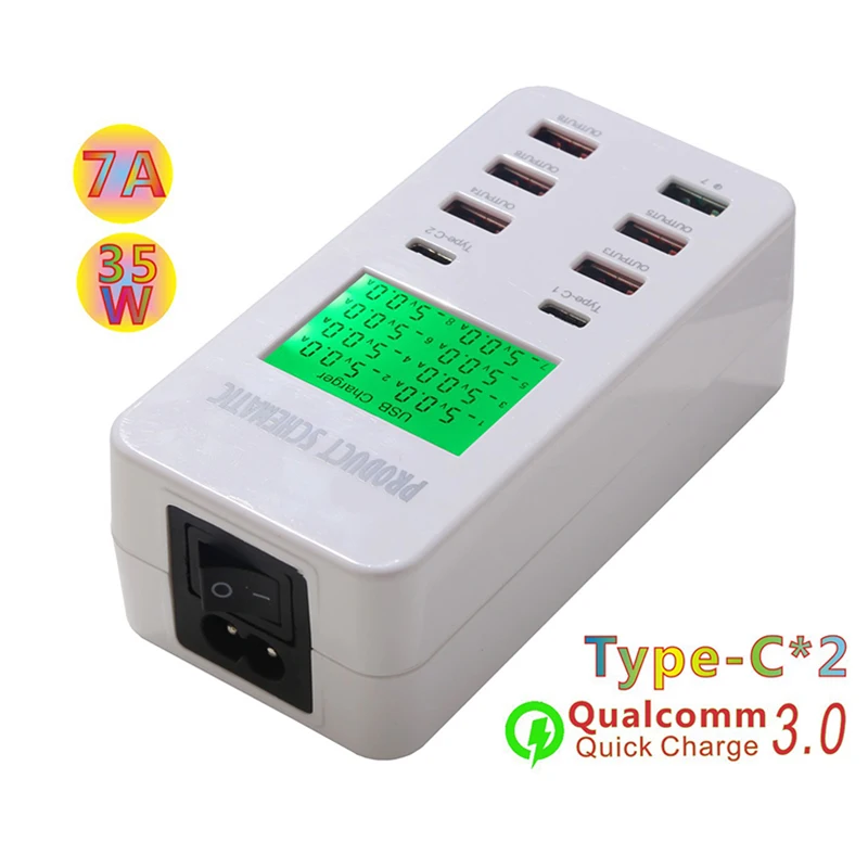 8 Port USB Charger 5V7A Quick Charge 3.0 USB-C Type C LCD Show Charging For iPhone iPad Samsung Huawei Nexus Power Supply
8 Port USB Charger 5V7A Quick Charge 3.0 USB-C Type C LCD Show Charging For iPhone iPad Samsung Huawei Nexus Power Supply