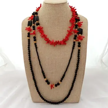 

18'' 3 Rows Red Coral Black Onyx Necklace
