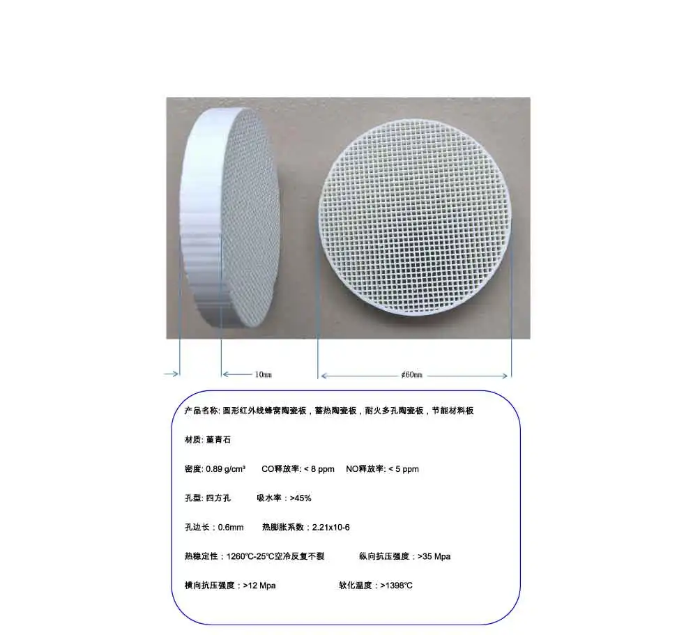 Circular Infrared Honeycomb Ceramic Plate, Regenerative Ceramic Plate, 60mm Refractory Porous Plate
Circular Infrared Honeycomb Ceramic Plate, Regenerative Ceramic Plate, 60mm Refractory Porous Plate