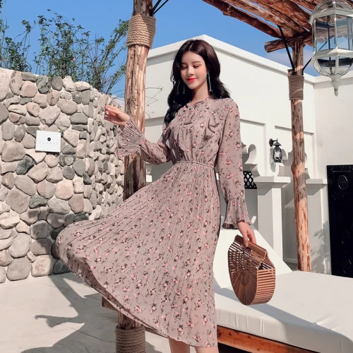 Fashion Chiffon Floral Long Sleeve Maxi Dress elastic Waist Beach Lace Spring Charming Flarre New Robe | Женская одежда