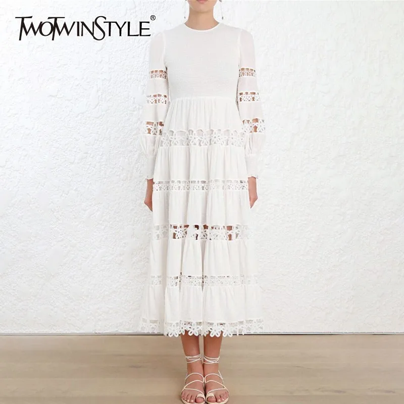 TWOTWINSTYLE Elegant Hollow Out Women Dress O Neck Lantern Sleeve High Waist Slim Midi Dresses Female Fashion 2019 Summer
TWOTWINSTYLE Elegant Hollow Out Women Dress O Neck Lantern Sleeve High Waist Slim Midi Dresses Female Fashion 2019 Summer
