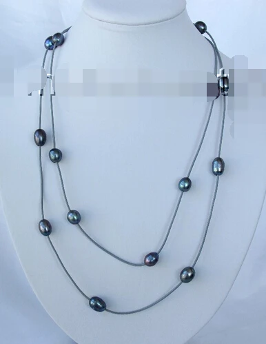 

FREE SHUPPING>>>@@> huij 003112 long 50" big 12mm baroque black freshwater cultured pearl leather necklace