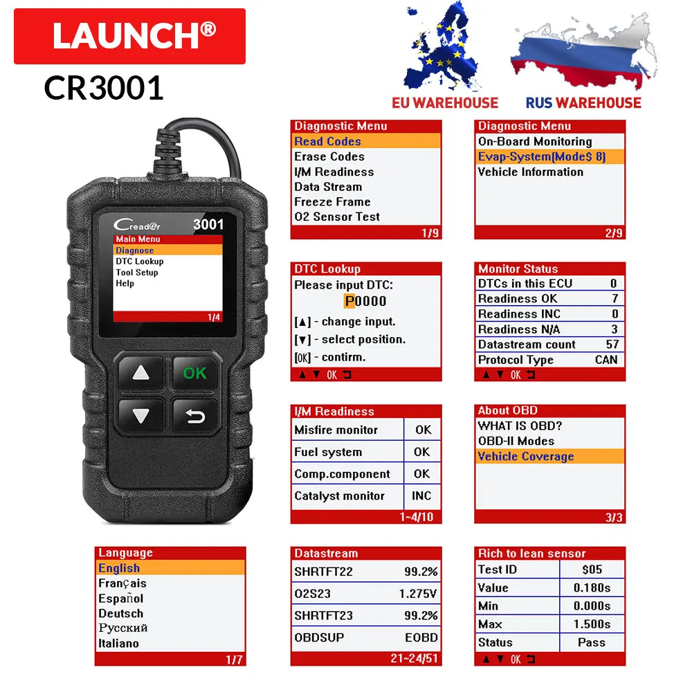 Launch CR3001 Scanner Support Full OBDII/EOBD function Creader V+ ELM327 OBD2 diagnostic tool as AL519/AL319/OM123 in Russian
Launch CR3001 Scanner Support Full OBDII/EOBD function Creader V+ ELM327 OBD2 diagnostic tool as AL519/AL319/OM123 in Russian