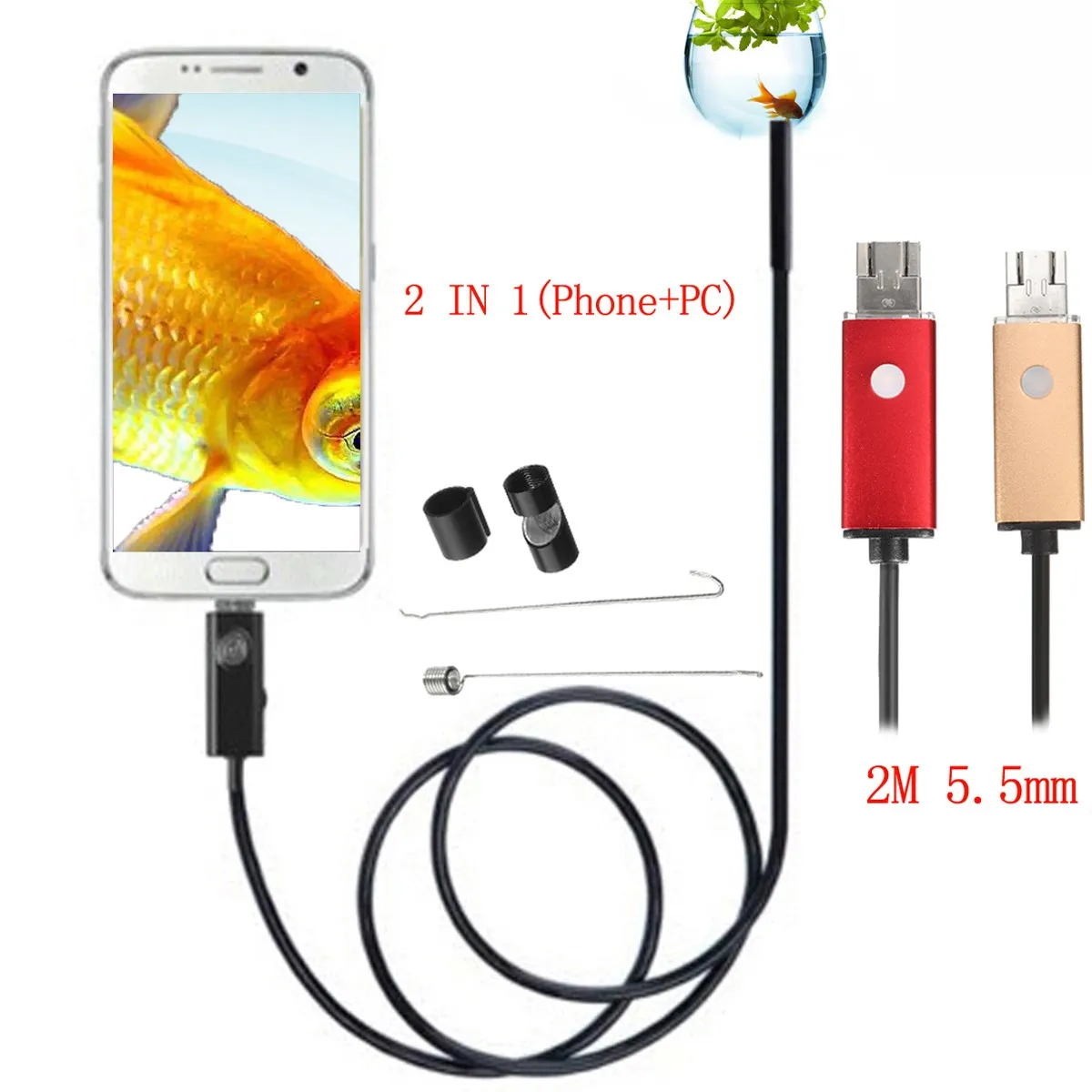 2 In 1 2M 5.5mm 6 LED USB Endoscope Inspection Camera Waterproof For Phone PC Android Borescope Camera 
2 In 1 2M 5.5mm 6 LED USB Endoscope Inspection Camera Waterproof For Phone PC Android Borescope Camera