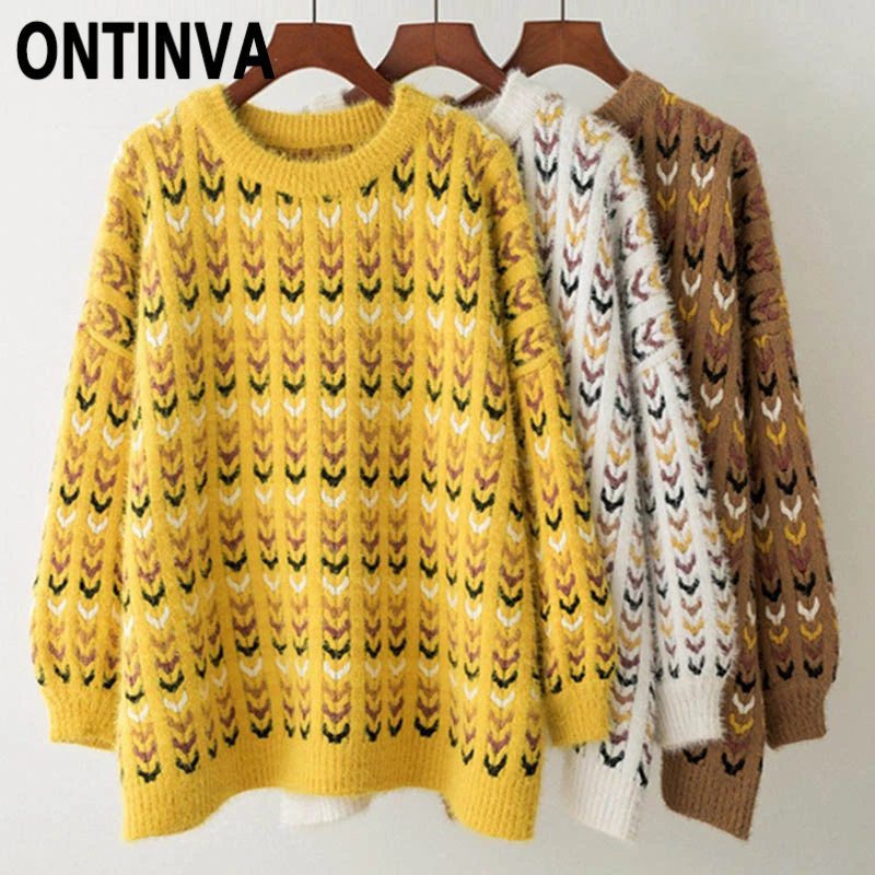 Korean Knitted Girl Sweater Geometric Fall Winter Pullovers Lady Mohair Jumper O Neck Long Sleeve Women Yellow Knitting Sweaters
Korean Knitted Girl Sweater Geometric Fall Winter Pullovers Lady Mohair Jumper O Neck Long Sleeve Women Yellow Knitting Sweaters