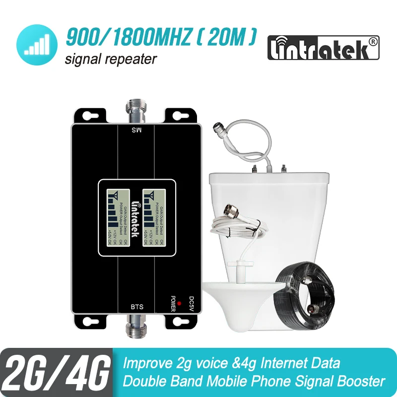 

Lintratek 65dB Gain 2G 900 3G 2100 Cellular Signal Booster GSM WCDMA 900 2100MHz Repeater UMTS Amplifier 3G Antenna 20m Kit S8-1