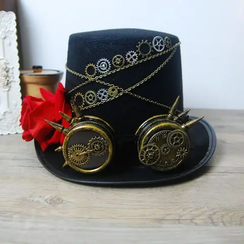 

New Costume Coplay Mens Hat Steampunk Victorian Rose Top Hats With Goggles Vintage Retro Handmade Headdress
