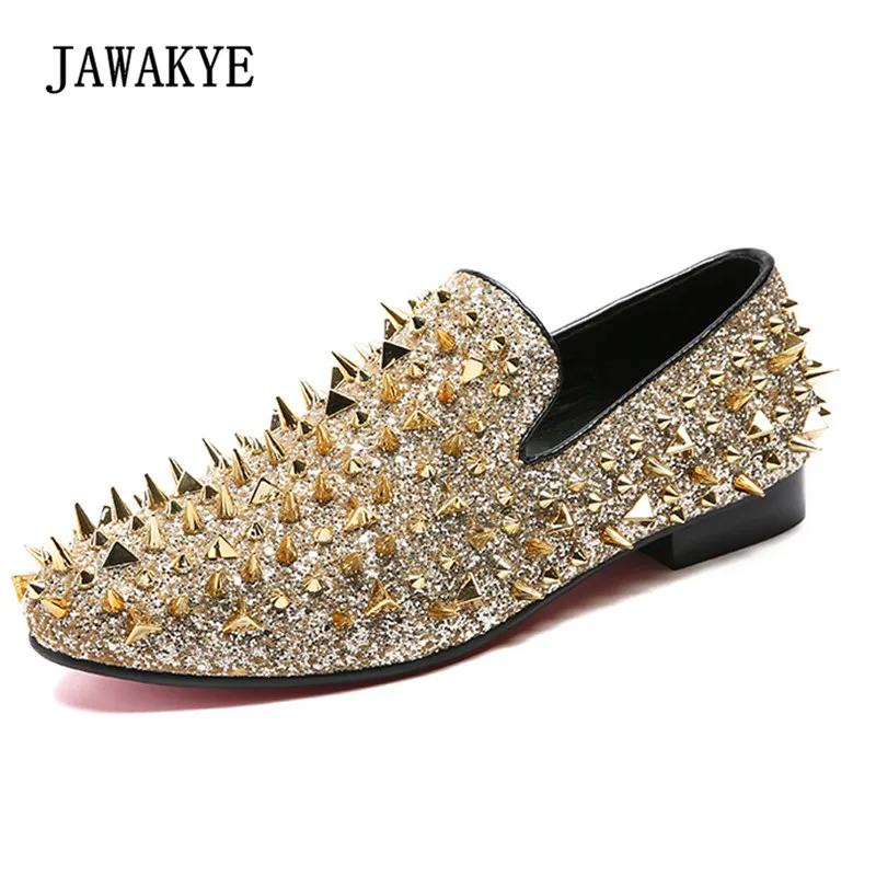 

Fashion Gold Spiked Loafers Shoes Men Round Toe Bling Sequins Banque Wedding Shoes Male Slip On Rivets Men Shoes Leather