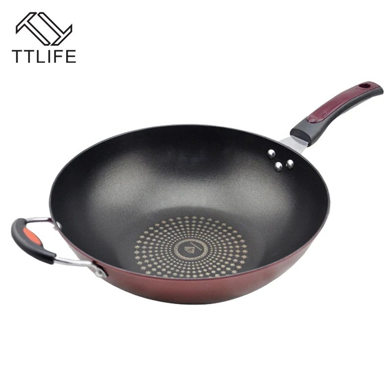 Image TTLIFEHigh Quality  32cm 34cm Non stick Layer Pan Deep Wok Frying Pan Flat Bottom Cookware Use for Gas and Induction Cooker