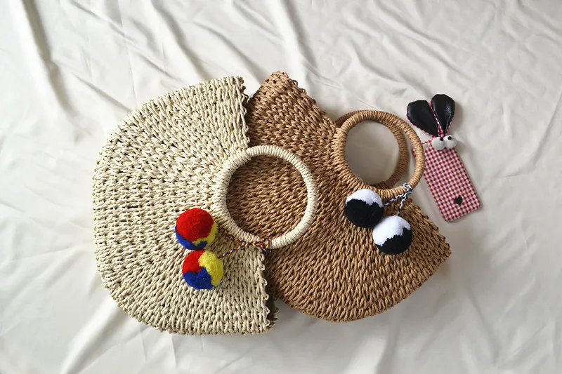 

40x19CM 2018 New Summer Women Straw Wrapped Rope Woven Bag with pompoms Handbag a5282
