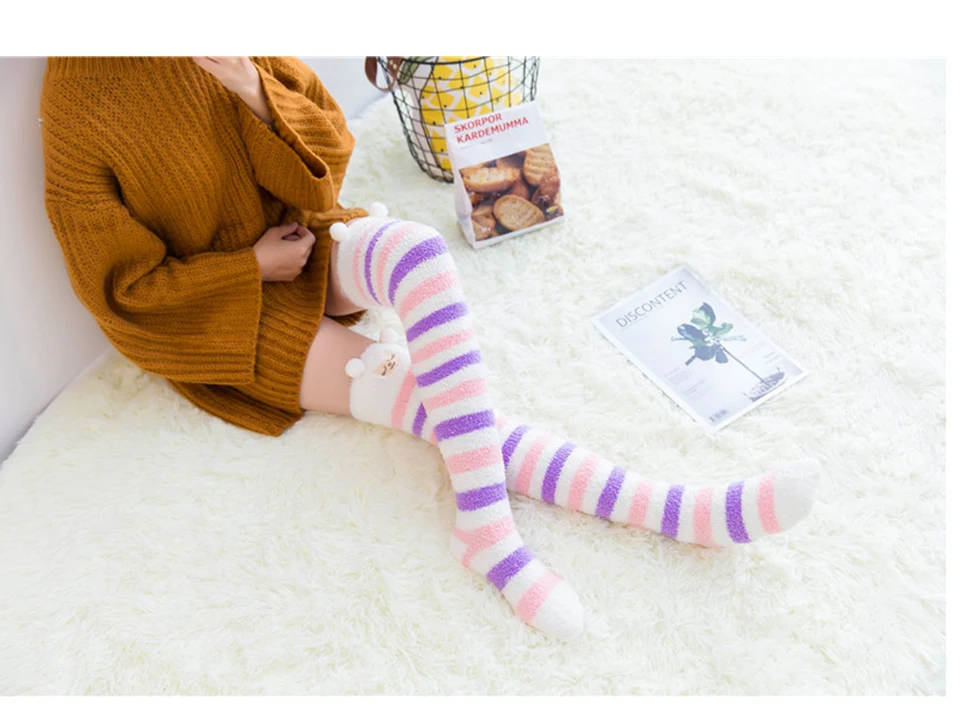 2019 New Winter Coral Velvet Knee Pads Ladies Cute Comfortable Thick Warm Towel Leggings Women's Stockings Striped Sleeping Sock (14)
