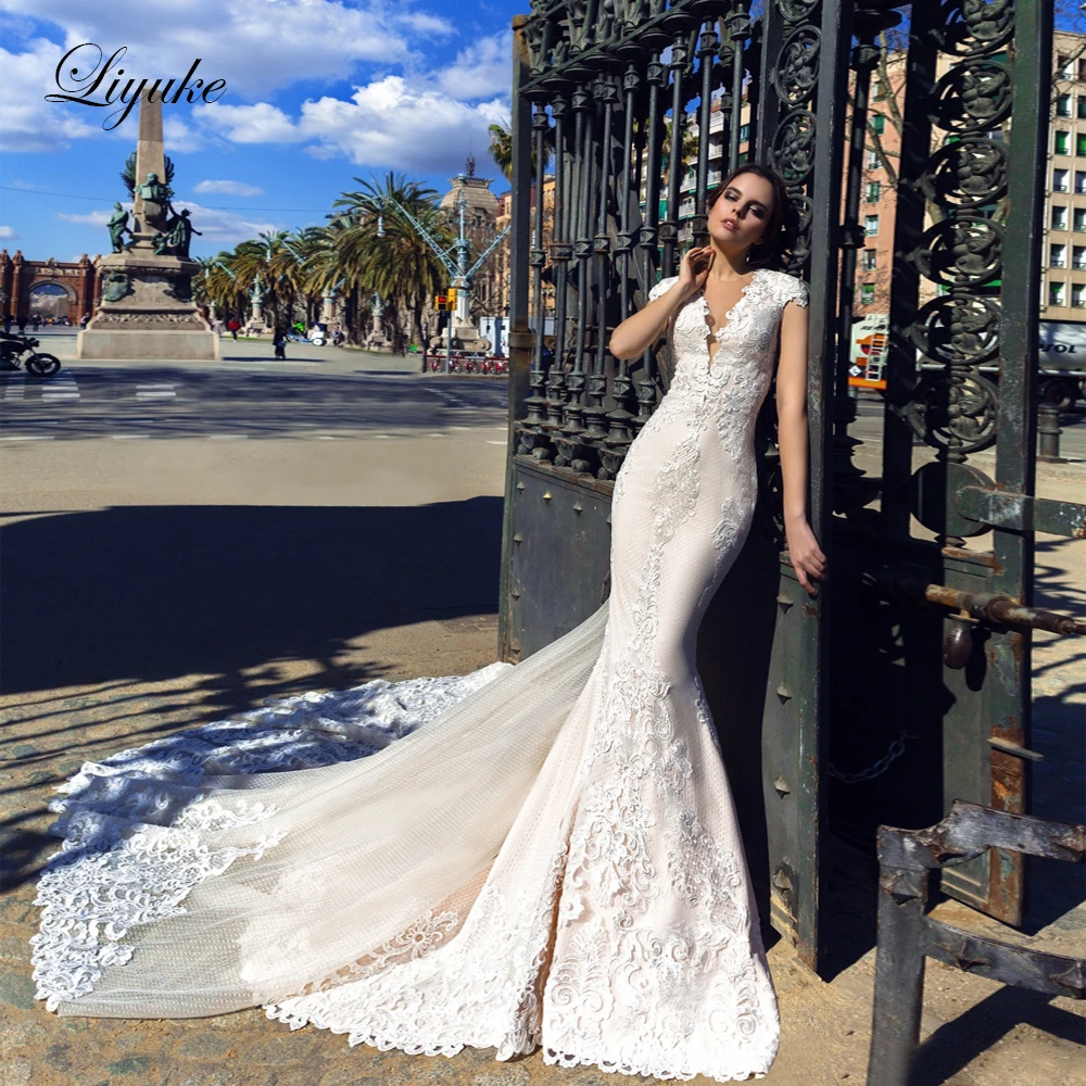 Liyuke Illusion Deep V-neckline Of Mermaid Wedding Dress With Elegant Lace Count Train Heart Back Bridal Dresses
Liyuke Illusion Deep V-neckline Of Mermaid Wedding Dress With Elegant Lace Count Train Heart Back Bridal Dresses