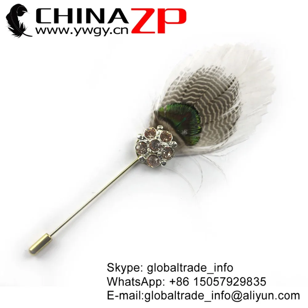 

CHINAZP Factory Selected Prime Quality Natural Duck and Peacock Feathers with Rhinestone Handmade Brooch Pin