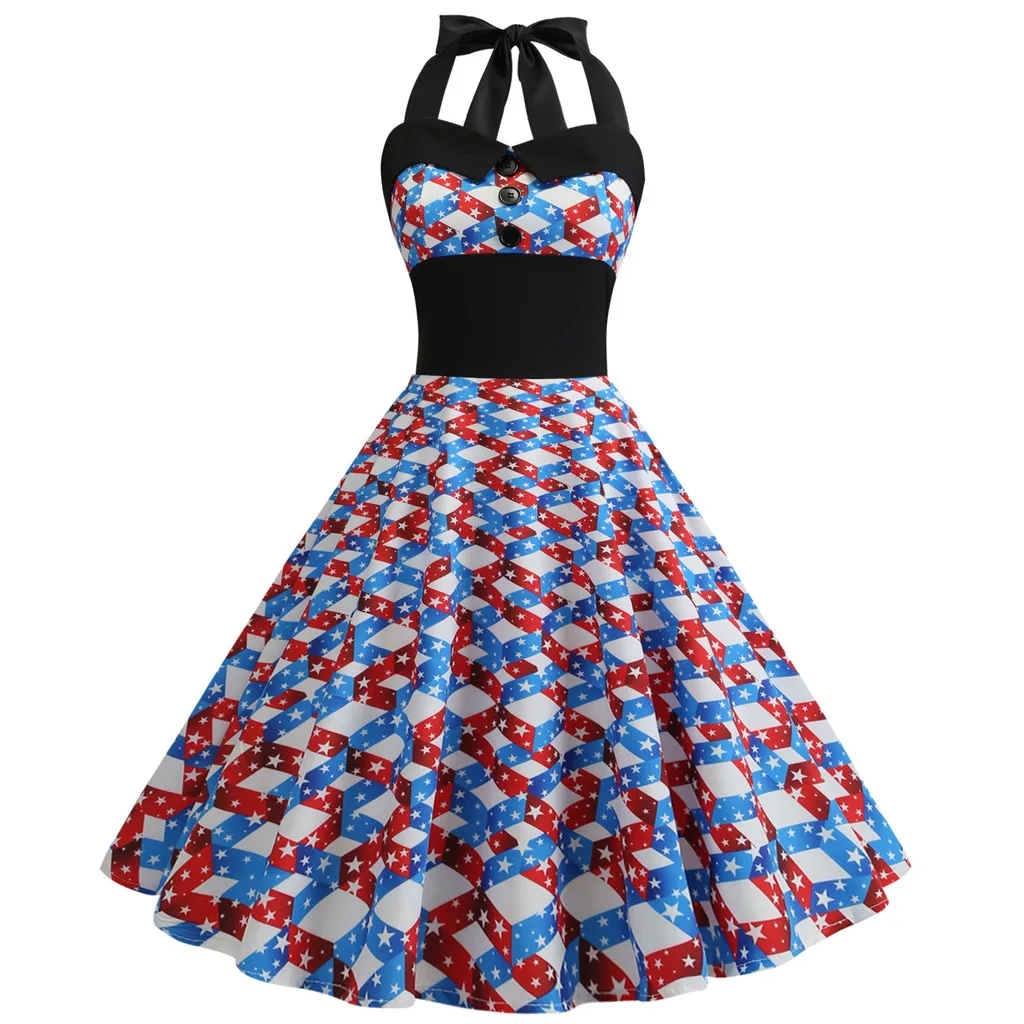 Women Independence Day Halter Neck Flag Print Stitching Buttons Big Swing Dress Summer Elegant High Waist Casual Ball Gown | Женская